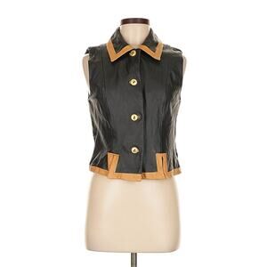 VTG Margaret Godfrey Black Brown Trim Genuine Leather Vest Buttons M